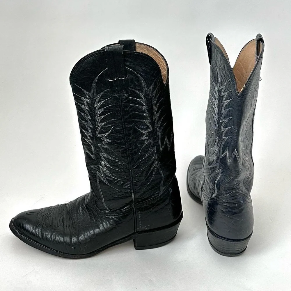 VINTAGE 1990S WESTERN BLACK LEATHER COWBOY BOOTS By Nocona Size- Men's 10D - Picture 3 of 10